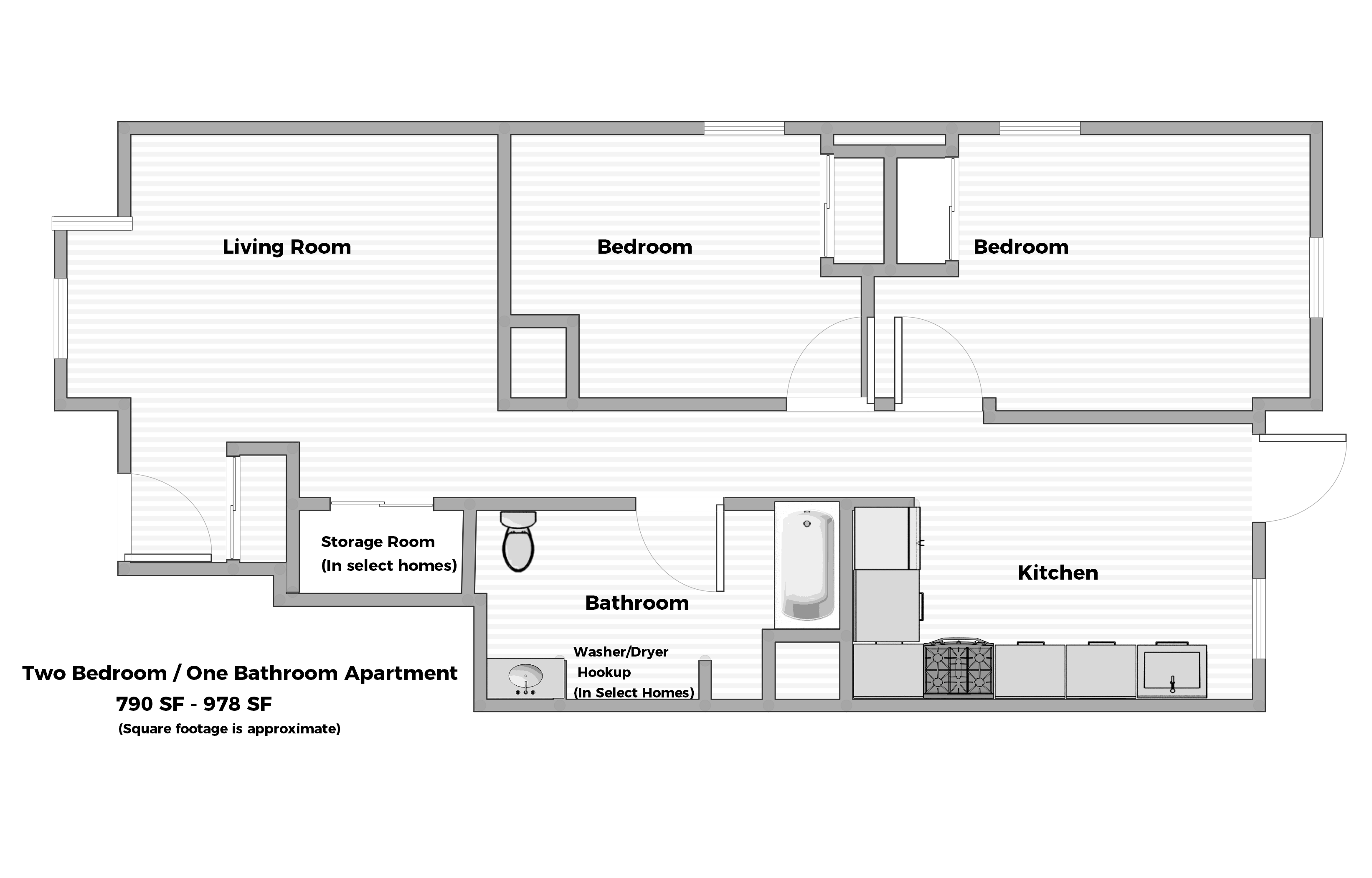 Floor plan for 2 beds, 1 bath, 978 sqft